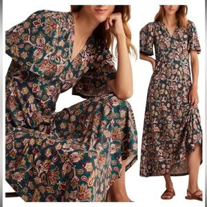 Boden Floral V-Neck Maxi Dress Teal and Pink Size 6 R Comfy Stylish Stretchy